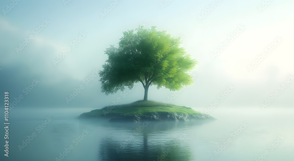 A solitary green tree stands on a small island surrounded by calm water and mist in a tranquil atmosphere at dawn A solitary green tree stands on a small island surrounded by calm water and mist in a tranquil atmosphere at dawn