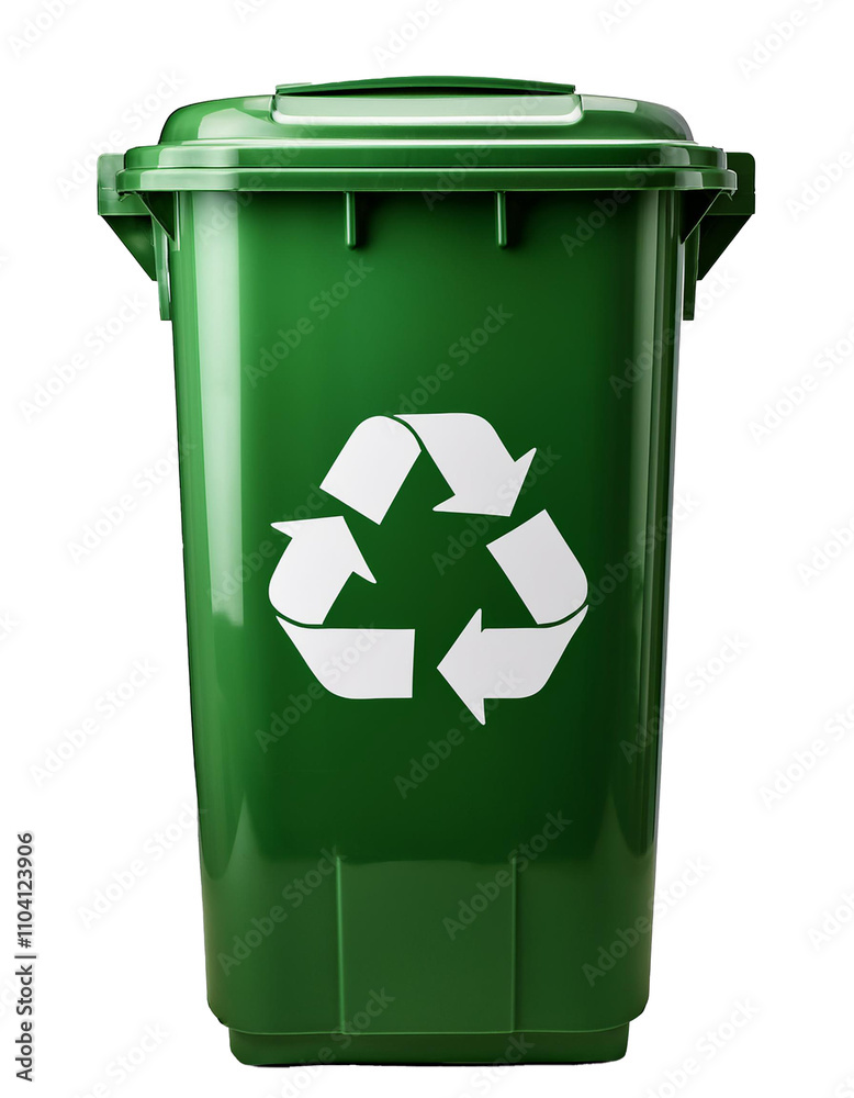 green garbage bin with recycling symbol, isolated on transparent background.
