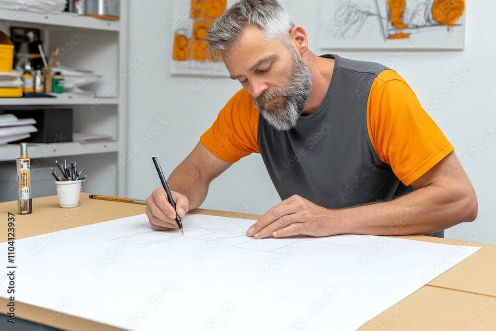 A draftsman using a mechanical pencil to draw fine details on a blueprint, with a scale ruler beside the paper A draftsman using a mechanical pencil to draw fine details on a blueprint, with a scale ruler beside the paper