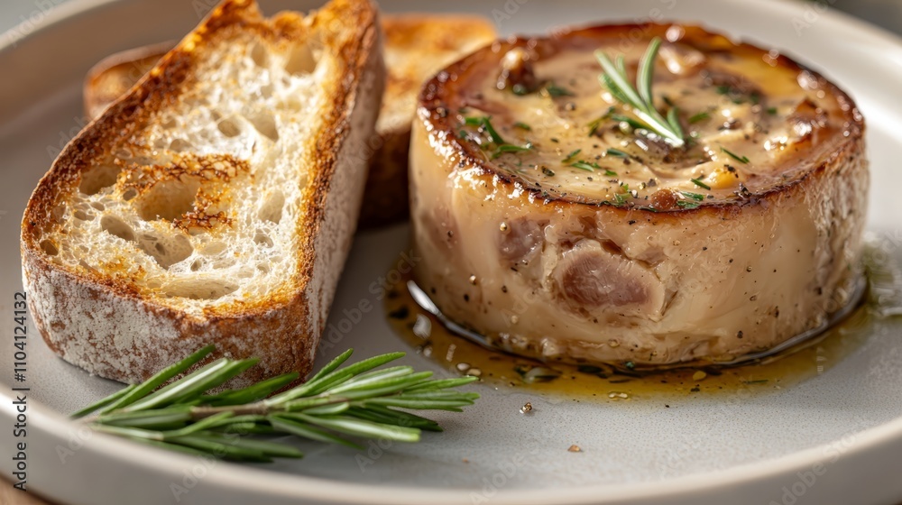a white plate topped with a succulent duck breast covered in a savory sauce, accompanied by a piece of toasted bread The plate is placed on a wooden surface, givin a white plate topped with a succulent duck breast covered in a savory sauce, accompanied by a piece of toasted bread The plate is placed on a wooden surface, givin