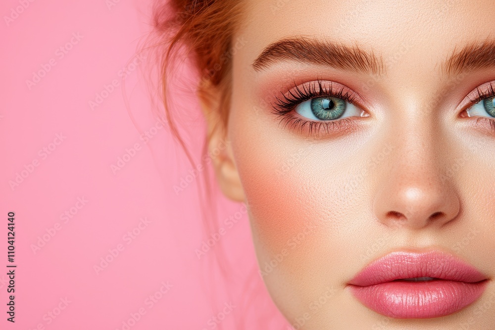 A close-up portrait of a woman showcasing a vibrant pink makeup look with striking blue eyes, emphasizing modern beauty trends with a bold color palette. A close-up portrait of a woman showcasing a vibrant pink makeup look with striking blue eyes, emphasizing modern beauty trends with a bold color palette.