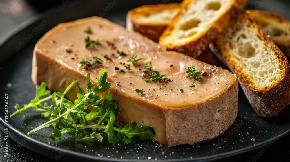  a black plate topped with a piece of pate, a type of meat, and a few slices of bread The background is slightly blurred, giving the focus to the plate of food