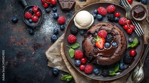  a delicious chocolate cake with fresh berries and ice cream on a plate, accompanied by a spoon, fork, and knife The cake is a rich, dark brown color, and the berri photo