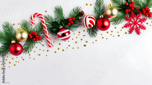 Holiday Border with Pine, Holly, and Candy Canes