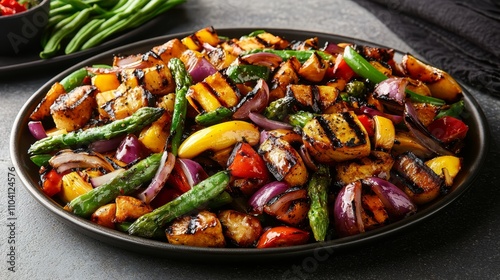  a plate of grilled chicken and vegetables on a table, accompanied by a bowl of vegetables and a cloth The plate is filled with a variety of vegetables, including b