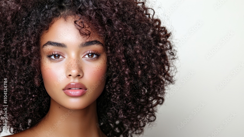 Fototapeta premium a woman with curly hair and freckles on her face against a white background Her hair is styled in a way that highlights her features, giving her a natural and styl