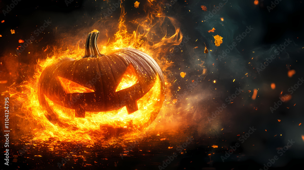 Naklejka premium A pumpkin with an otherworldly glow as it burns with a mesmerizing blaze of flames and sparks, blaze, pumpkin, fall. Otherworldly. Illustration