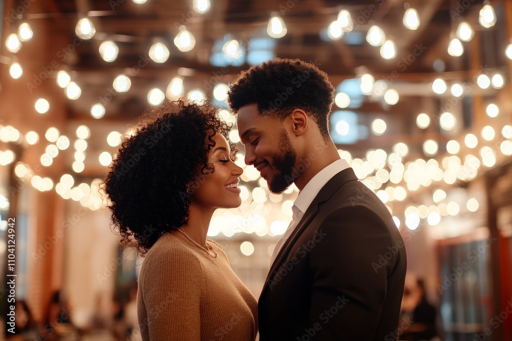 A couple shares a tender moment beneath a canopy of glowing string lights in a cozy, intimate setting, suggesting love and connection in modern decor style. A couple shares a tender moment beneath a canopy of glowing string lights in a cozy, intimate setting, suggesting love and connection in modern decor style.