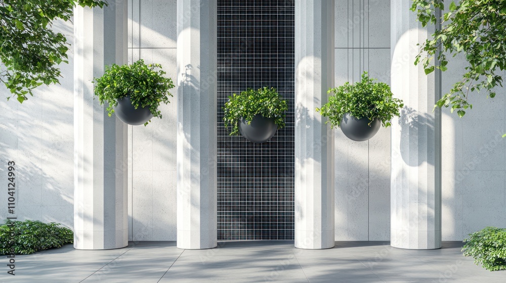 Naklejka premium Modern building exterior with three hanging planters.