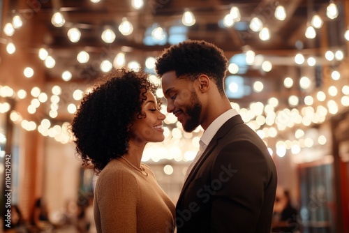 A couple shares a tender moment beneath a canopy of glowing string lights in a cozy, intimate setting, suggesting love and connection in modern decor style.