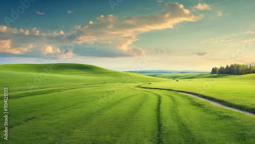 Green grass outdoor field landscape with roadway