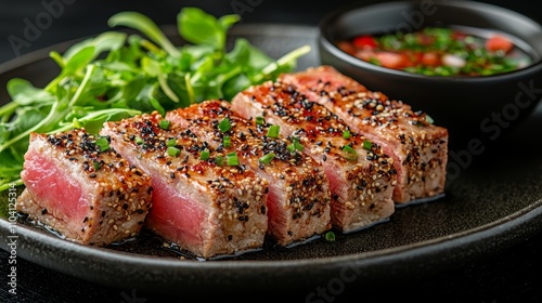  a plate of seared ahi tuna with sesame seeds and a side of salad The plate is black and the tuna is a light pink color, while the salad is a mix of green, red, and