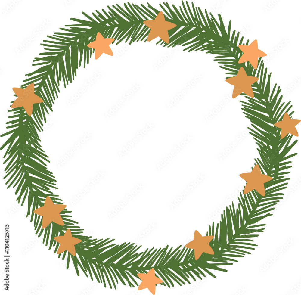 A wreath with green leaves and yellow stars A wreath with green leaves and yellow stars