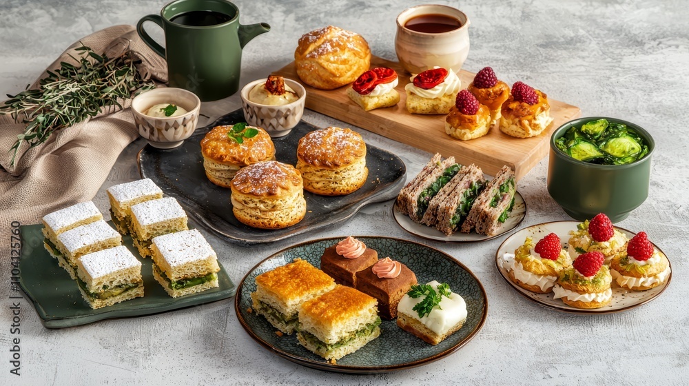 a table topped with plates of food and cups of tea, as well as a wooden tray with a variety of food items, a jug, and a cloth with leaves It appears to be a high t a table topped with plates of food and cups of tea, as well as a wooden tray with a variety of food items, a jug, and a cloth with leaves It appears to be a high t