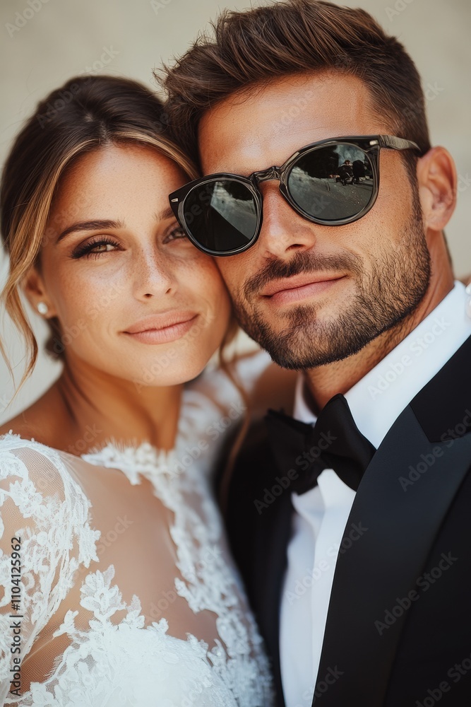 A bride and groom pose closely; the bride is in an elegant lace gown while the groom sports a tux with sunglasses, epitomizing wedding bliss and style. A bride and groom pose closely; the bride is in an elegant lace gown while the groom sports a tux with sunglasses, epitomizing wedding bliss and style.