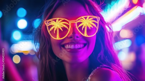 Woman Smiling and Wearing Neon Sunglasses at a Night Party with Colorful Lights 