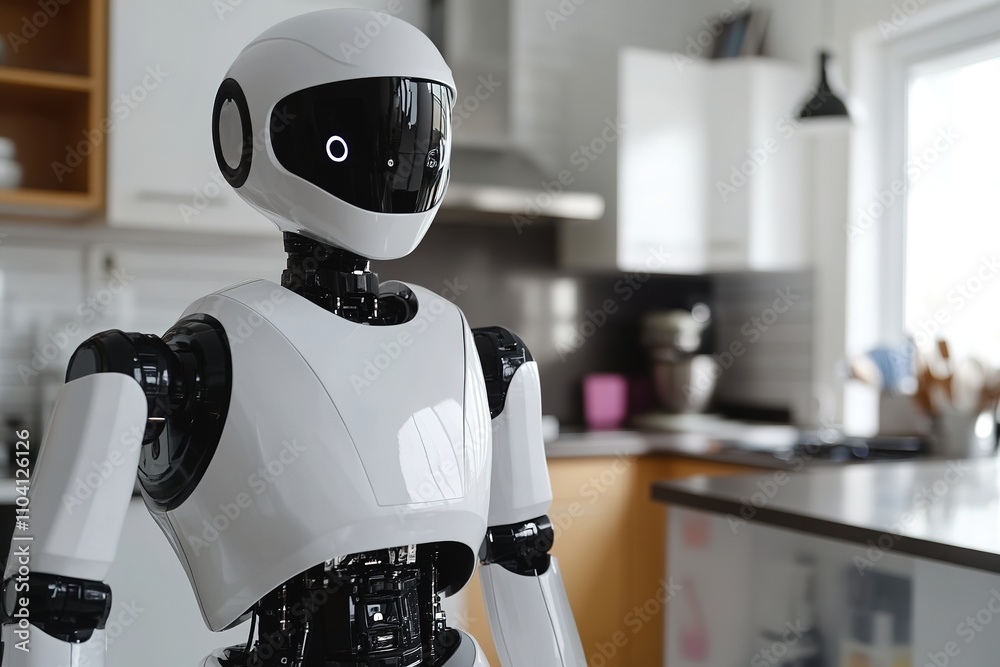 Modern robot in domestic kitchen setting Modern robot in domestic kitchen setting