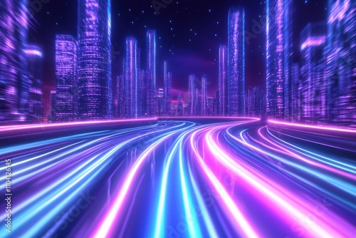 Neon city with winding paths and purple lit skyline photo