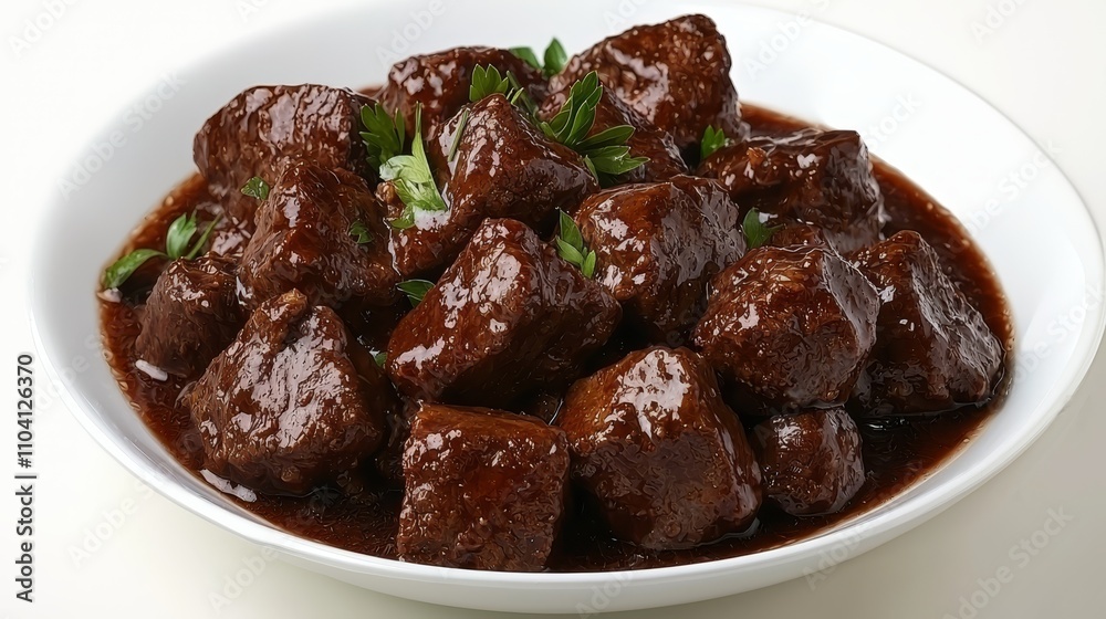 a white plate topped with a generous portion of beef bourguignon, a traditional French dish, covered in a rich, dark brown sauce and garnished with fresh green leav a white plate topped with a generous portion of beef bourguignon, a traditional French dish, covered in a rich, dark brown sauce and garnished with fresh green leav