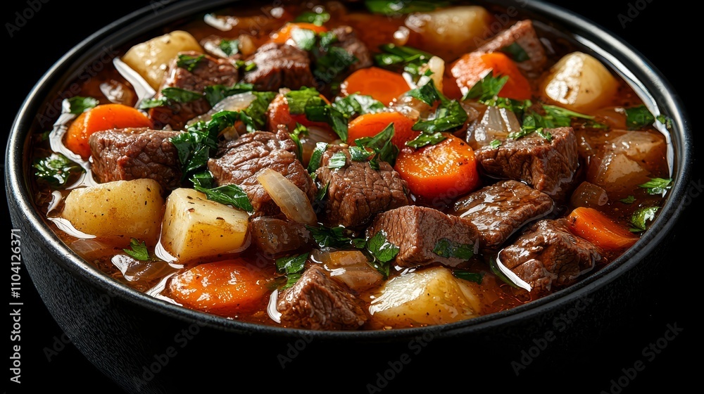 a black bowl filled with a hearty beef stew, consisting of chunks of beef, potatoes, and carrots The stew is a rich, dark brown color, and the vegetables are cooke a black bowl filled with a hearty beef stew, consisting of chunks of beef, potatoes, and carrots The stew is a rich, dark brown color, and the vegetables are cooke
