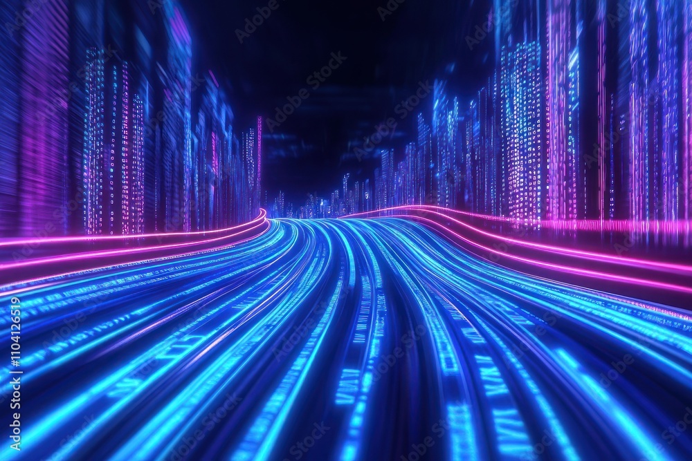 Fototapeta premium Dynamic blue and pink glowing digital highway scene.