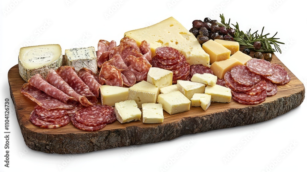 a wooden platter filled with a variety of meats and cheeses, including salami, cured meats, and other cheeses The platter is surrounded by a few leaves, adding a t a wooden platter filled with a variety of meats and cheeses, including salami, cured meats, and other cheeses The platter is surrounded by a few leaves, adding a t