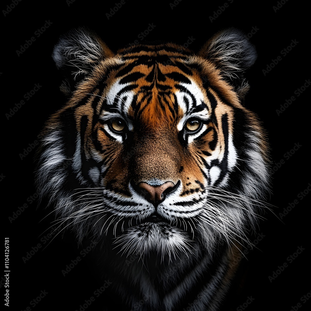Fototapeta premium Powerful tiger captured perfectly against a dramatic black background.