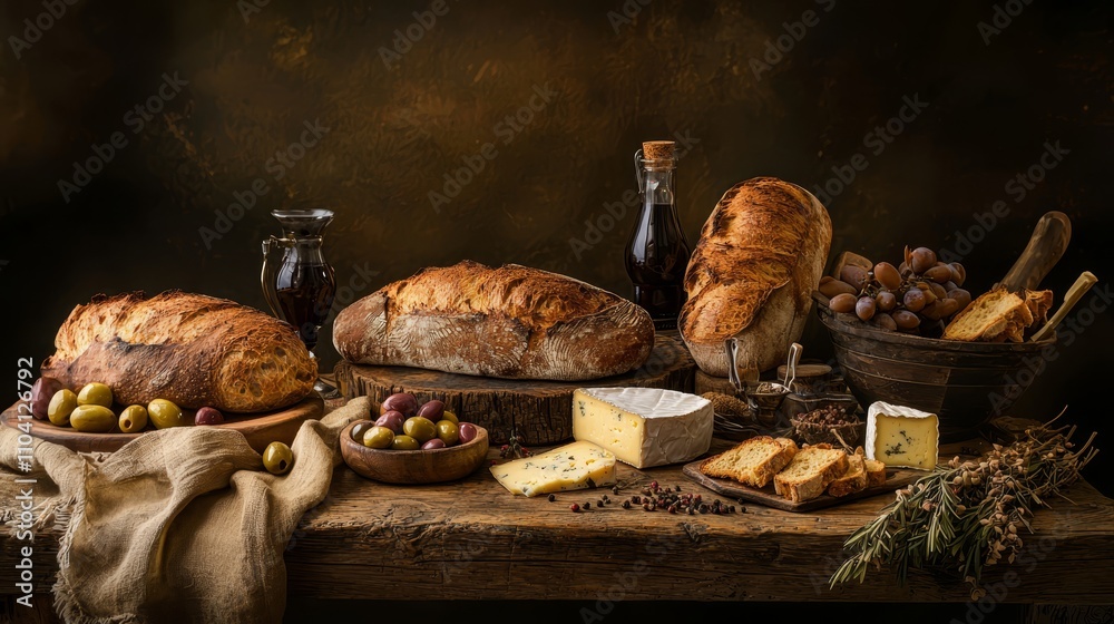  a rustic wooden table with a variety of food items, including bread, cheese, olives, grapes, bottles, and other objects, all arranged in an aesthetically pleasing w