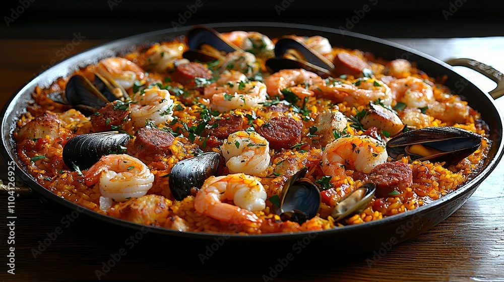 a large pan filled with seafood and rice on top of a wooden table The pan is filled with a variety of seafood, including shrimp, mussels, and clams, and is surroun a large pan filled with seafood and rice on top of a wooden table The pan is filled with a variety of seafood, including shrimp, mussels, and clams, and is surroun