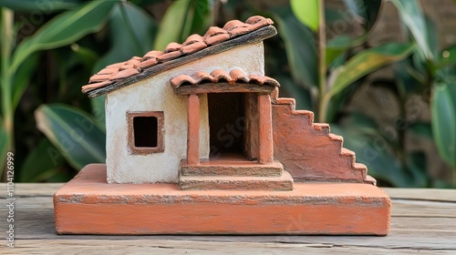 A miniature clay model of a house with a tiled roof, steps, and a window.