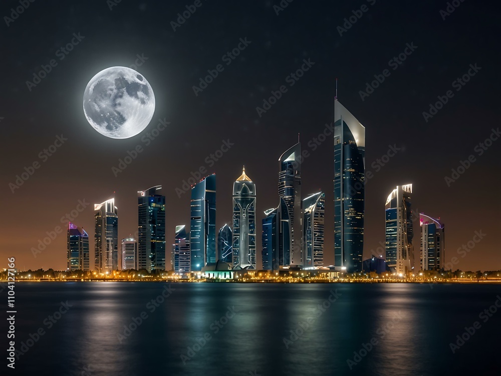 Fototapeta premium Abu Dhabi city skyline at night with a rising full moon.