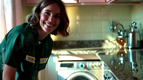 Happy trash disposal worker collecting food scraps in clean kitchen photo