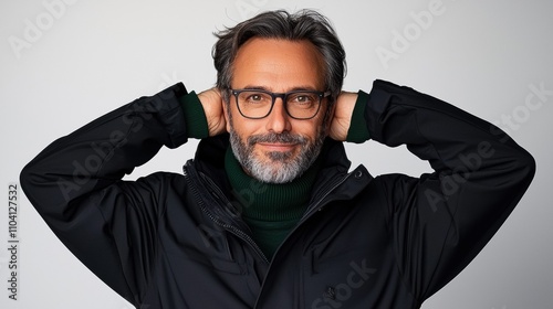 Man holding his hands behind his head with a satisfied grin on white background