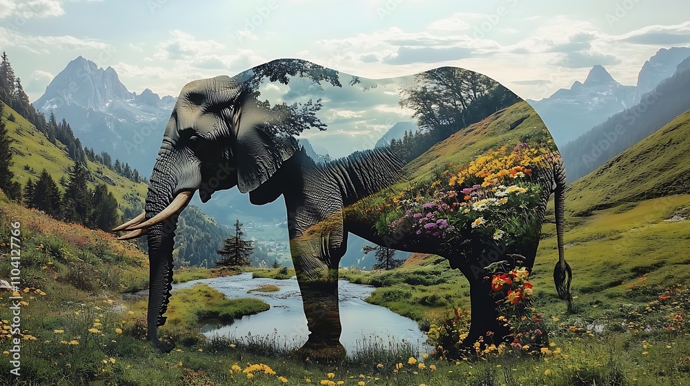 Fototapeta premium A sprawling valley shaped like an elephant’s head, with a winding river tracing its trunk, lush greenery covering the terrain, and vibrant wildflowers adding color,