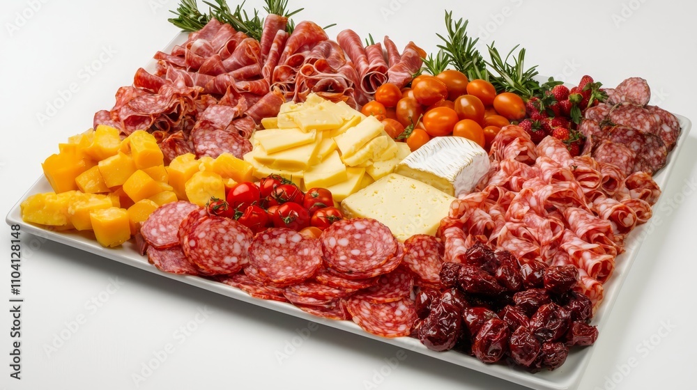 a platter filled with a variety of meats and cheeses, including salami, prosciutto, and other cured meats, as well as some fruits and leaves a platter filled with a variety of meats and cheeses, including salami, prosciutto, and other cured meats, as well as some fruits and leaves