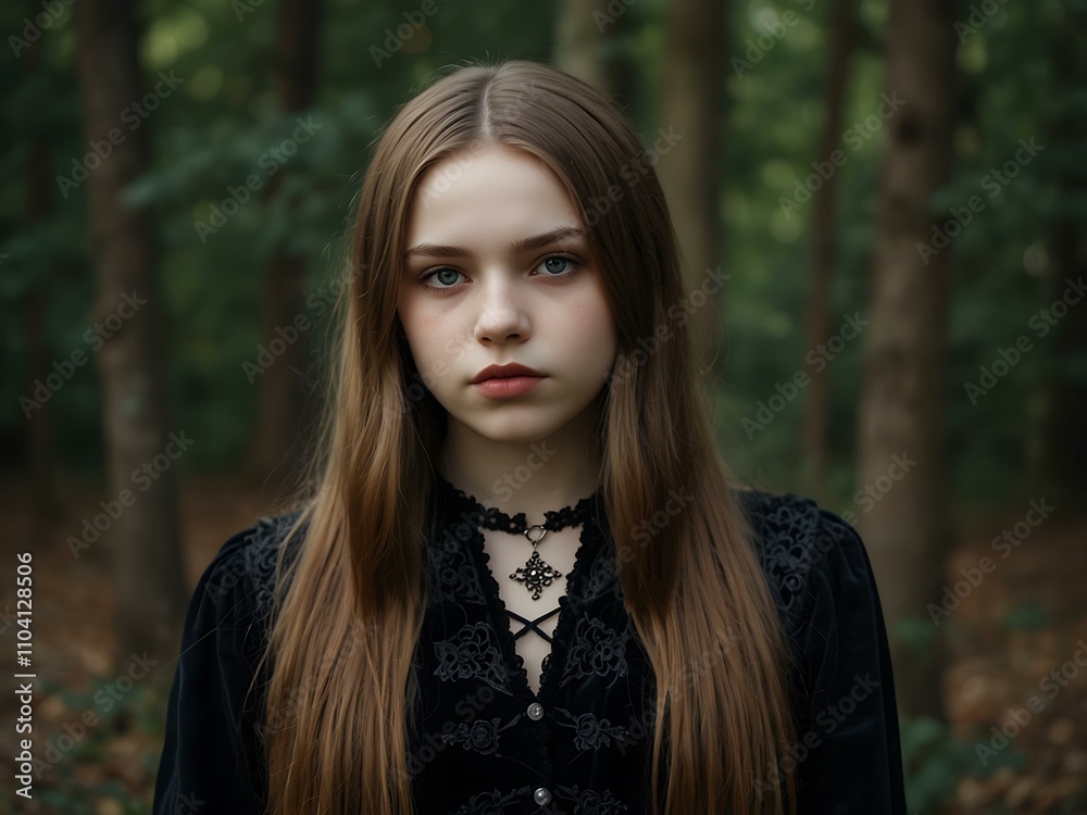 Adolescent girl with long hair in gothic clothing. Adolescent girl with long hair in gothic clothing.