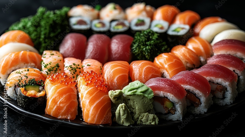 a black plate topped with a variety of sushi, including salmon, tuna, and avocado, as well as some leafy vegetables The plate is set against a dark background, giv a black plate topped with a variety of sushi, including salmon, tuna, and avocado, as well as some leafy vegetables The plate is set against a dark background, giv