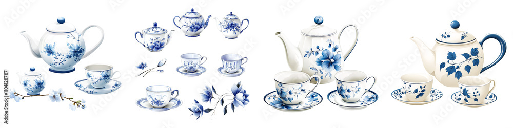 symbols of Chinese New Year concept. Elegant assortment of blue and white porcelain tea sets displayed on a black background. on Transparent symbols of Chinese New Year concept. Elegant assortment of blue and white porcelain tea sets displayed on a black background. on Transparent