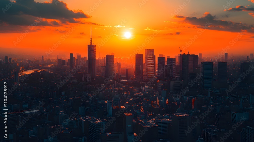 Fototapeta premium Beautiful sunset view of Tokyo's skyline, showcasing city lights.