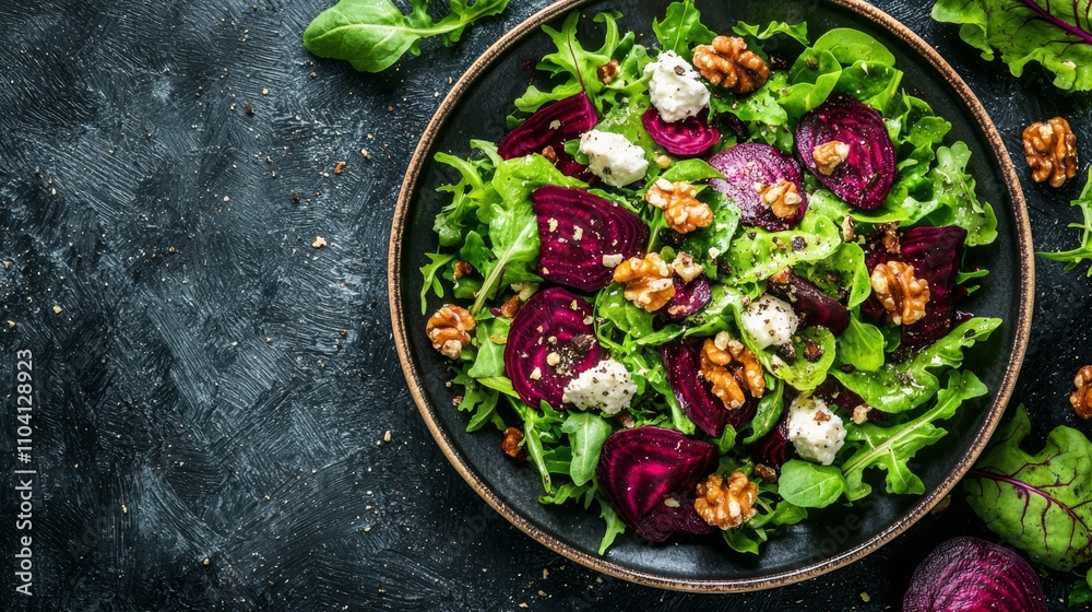 a plate of beetroot salad with walnuts and feta cheese on a black background The plate is filled with a variety of leafy vegetables, including beetroot, and is top a plate of beetroot salad with walnuts and feta cheese on a black background The plate is filled with a variety of leafy vegetables, including beetroot, and is top