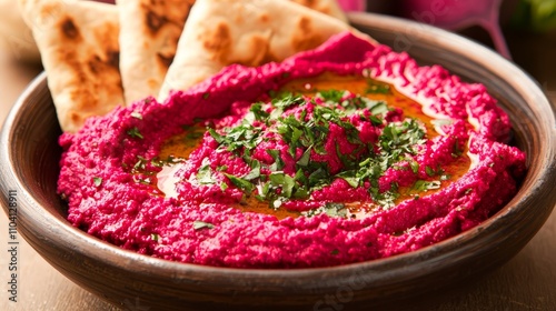  a bowl of beetroot hummus with pita chips on a wooden table The bowl is filled with a creamy, red-colored hummus, and the background is slightly blurred, giving th photo