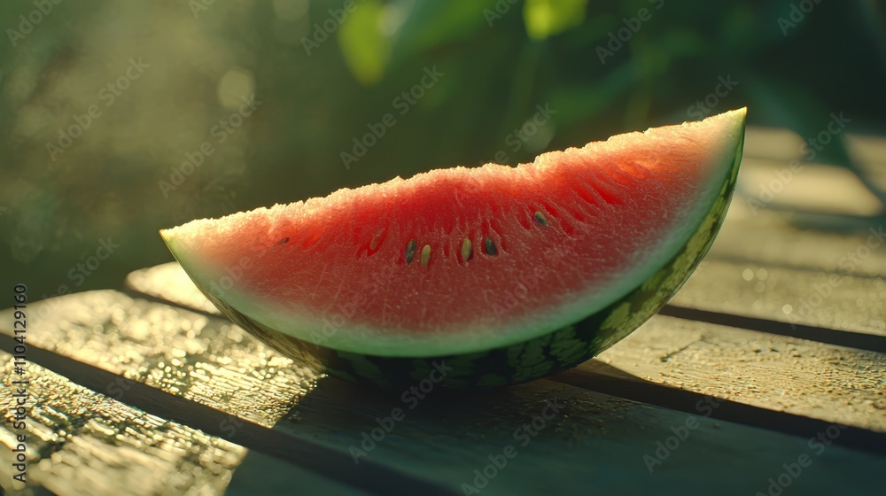 a slice of watermelon sitting on top of a wooden table, with a blurred background The watermelon is in sharp focus, while the background is slightly out of focus, a slice of watermelon sitting on top of a wooden table, with a blurred background The watermelon is in sharp focus, while the background is slightly out of focus,