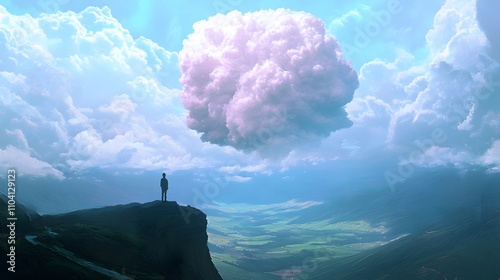 Lone Figure Gazes at a Massive Pink Cloud in the Sky