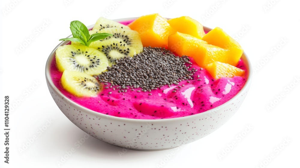 a bowl filled with a colorful mix of mango, kiwi, and chia seeds, topped with a mint leaf The bowl is sitting on a white surface, and the vibrant colors of the fru a bowl filled with a colorful mix of mango, kiwi, and chia seeds, topped with a mint leaf The bowl is sitting on a white surface, and the vibrant colors of the fru