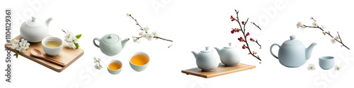 symbols of Chinese New Year concept. Elegant tea set arranged with flowers  on Transparent background.