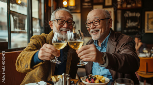 Two elderly men clinking wine glasses in a restaurant