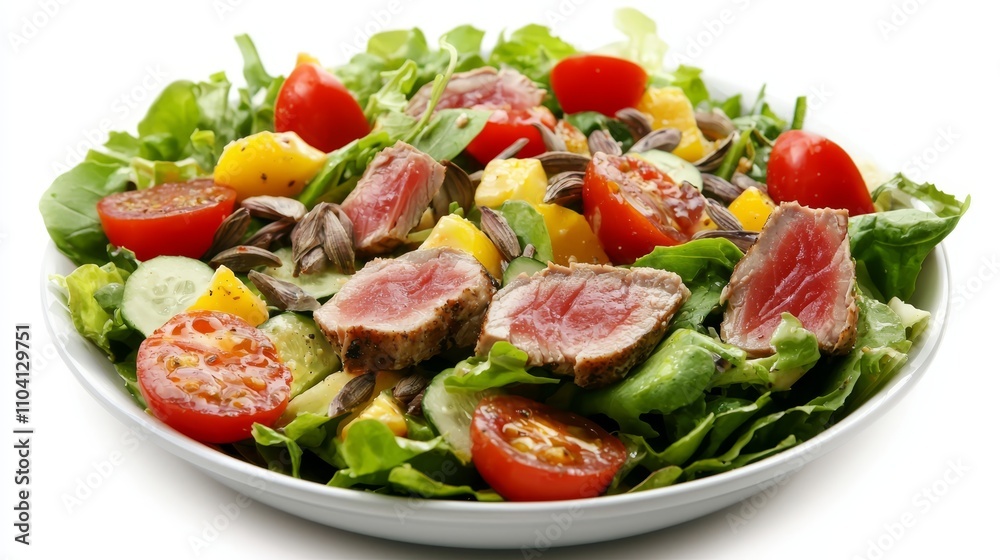 a white plate topped with a salad composed of tuna and tomatoes The tuna is a light pink color and the tomatoes are a bright red The salad is composed of a variet a white plate topped with a salad composed of tuna and tomatoes The tuna is a light pink color and the tomatoes are a bright red The salad is composed of a variet