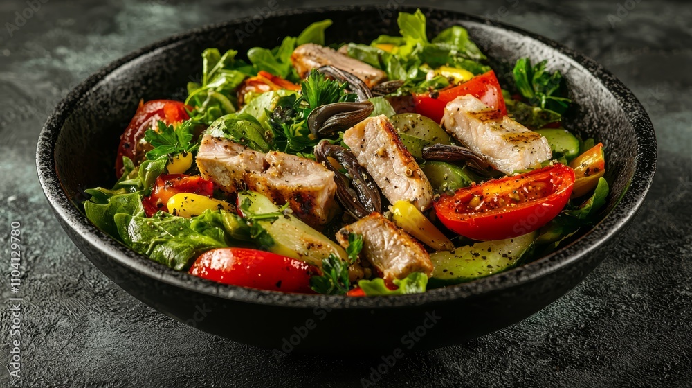a black bowl filled with a salad of chicken and vegetables on top of a table The bowl is filled to the brim with a variety of colorful vegetables, including lettuc a black bowl filled with a salad of chicken and vegetables on top of a table The bowl is filled to the brim with a variety of colorful vegetables, including lettuc