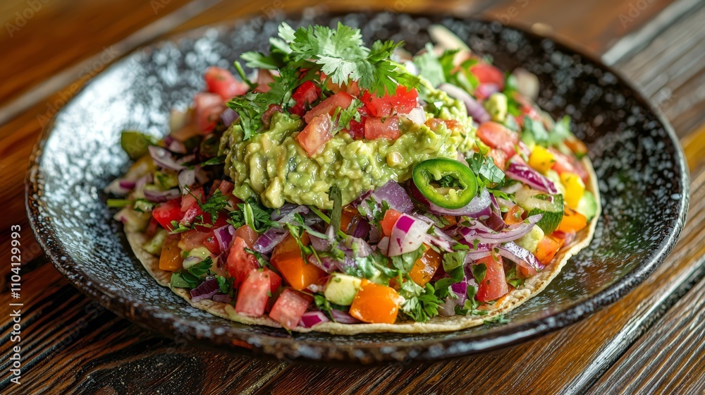 a black plate topped with a tostada covered in guacamole, sitting on a wooden surface a black plate topped with a tostada covered in guacamole, sitting on a wooden surface