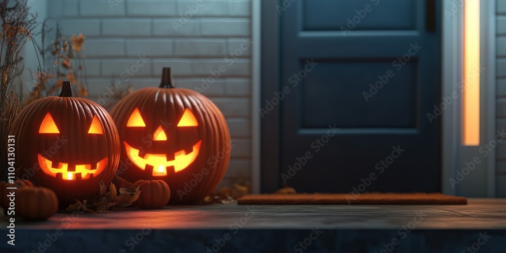 Spooky carved pumpkins lit by candles on porch Spooky carved pumpkins lit by candles on porch